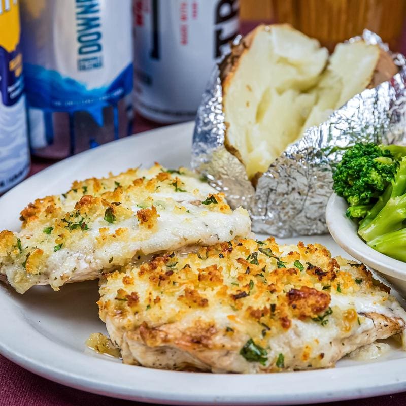 Parmesan Crusted Chicken Served with Baked Potato and Broccoli